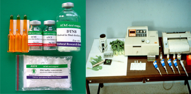 Reagents (left) and instruments (right) for testing organophosphate and carbamate residues on agricultural produce.