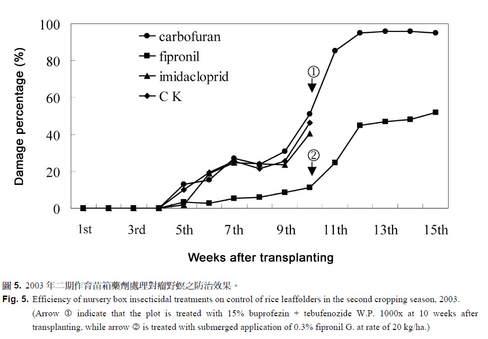 Efficiency of nursery box insecticidal treatments on control of rice leaffolders in the second cropping season, 2003.