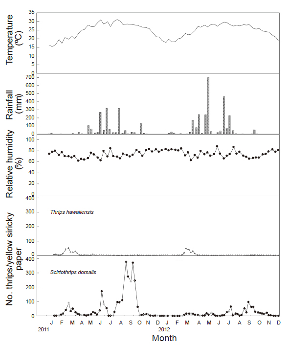 The population dynamics of <i>Thrips hawaiiensis</i> and <i>Scirtothrips dorsalis</i> in mango orchard at Fengshan, Kaohsiung City, Taiwan from 2011 through 2012.